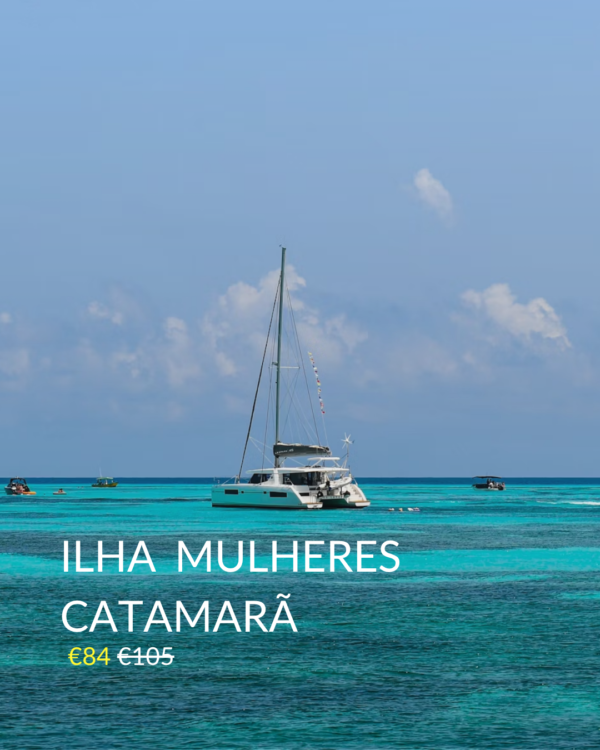 Tour de catamarã em Isla Mujeres com navegação no Caribe, águas turquesa e paradas para snorkeling.